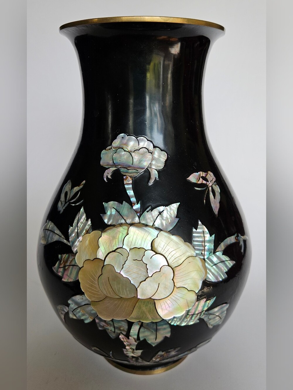 Vintage Korean Black Lacquer Mother of Pearl Floral Vase 12"